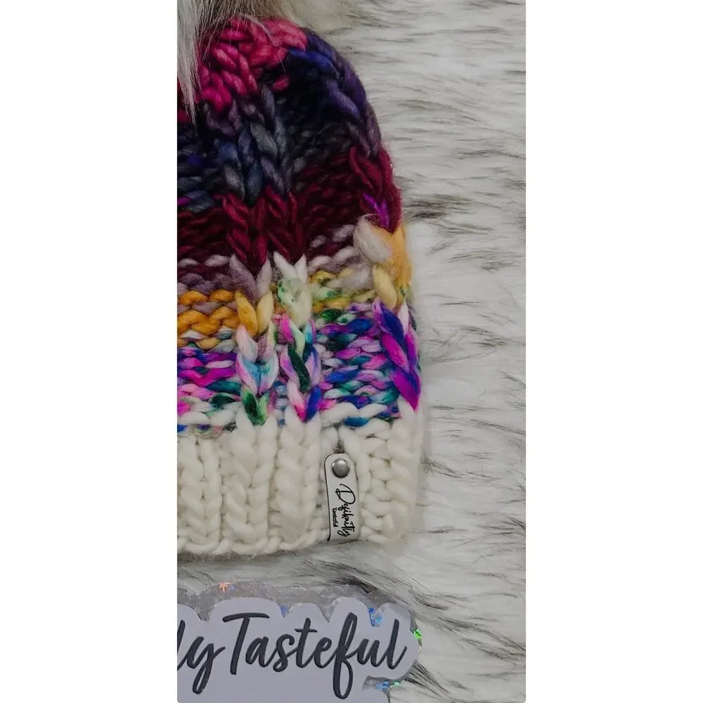 Handmade Neon Merino Wool Beanie: Colorful Winter Hat with Faux Fur Pom